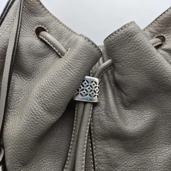 Brighton Gray Pebbled Leather Drawstring Bucket Purse with Shoulder Strap - Picture 2 of 16